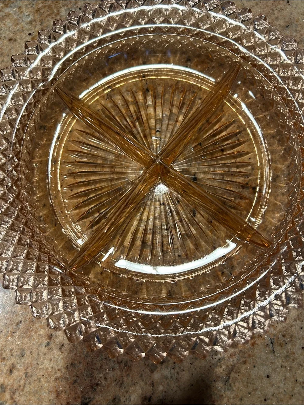 Miss America Pink Glass Divided Serving Dish 9”x9” 1930’s w/ 11” Crocheted Doily
